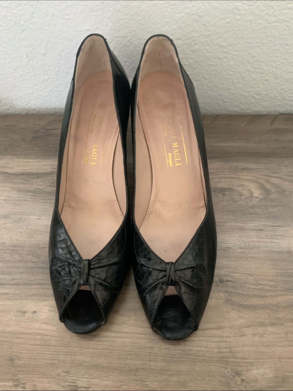 Bruno Magli Vintage Black Peep-Toe Pumps with Knot Accent with original box